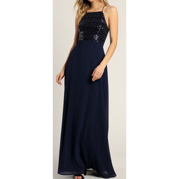 LULU'S SZ S Endlessly Enchanted Navy Blue Sequin Forma Maxi Dress NEW B111 - Picture 1 of 10